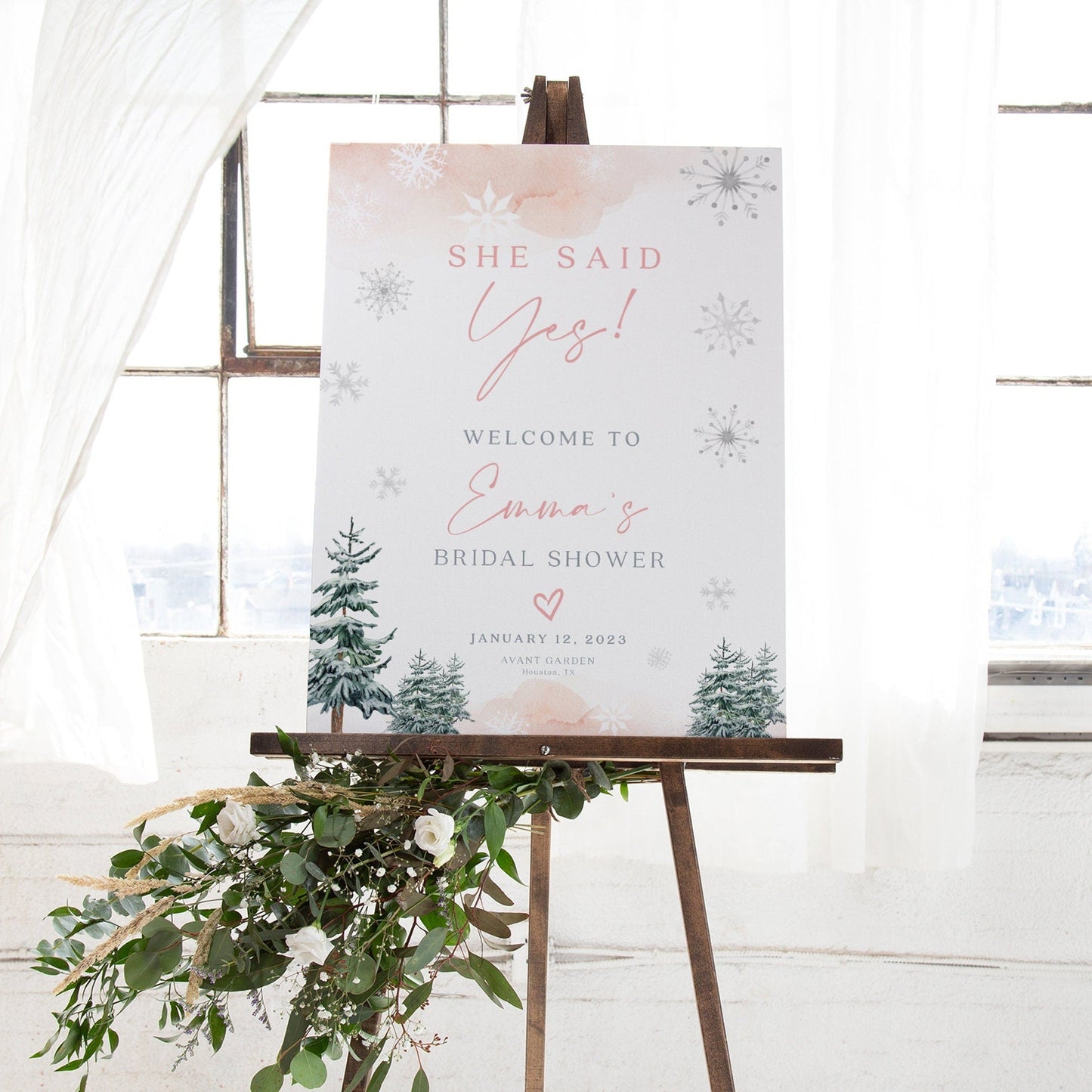 Winter Bridal shower Welcome sign, She Said Yes sign, Pink Bridal shower sign - LovelyTemplatesCo