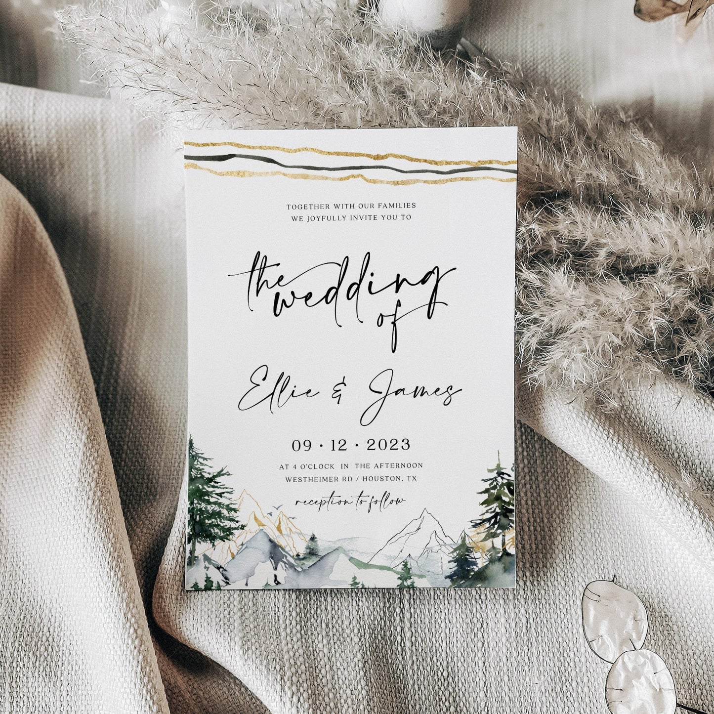 Winter wedding invitation bundle, Pine forest invitation, Mountains and gold pine forest theme - LovelyTemplatesCo