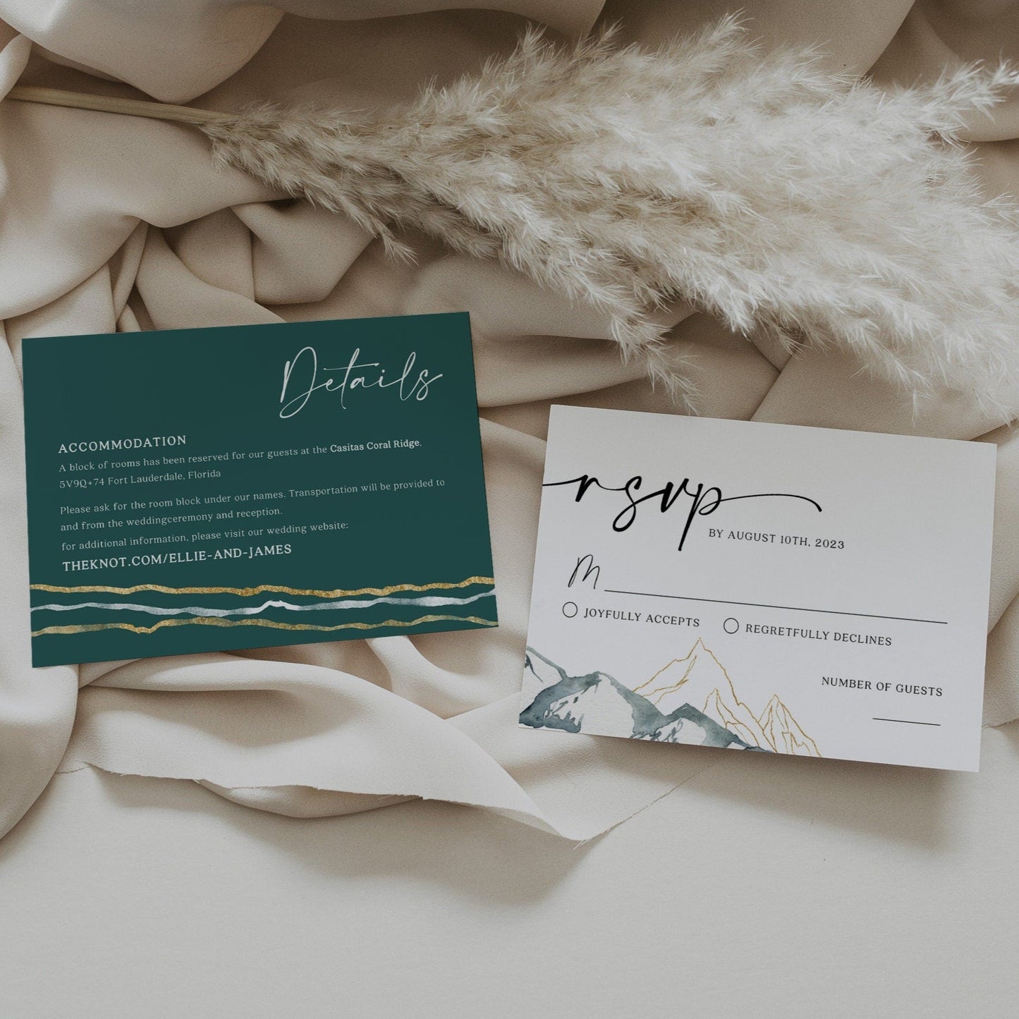Winter wedding invitation bundle, Pine forest invitation, Mountains and gold pine forest theme - LovelyTemplatesCo