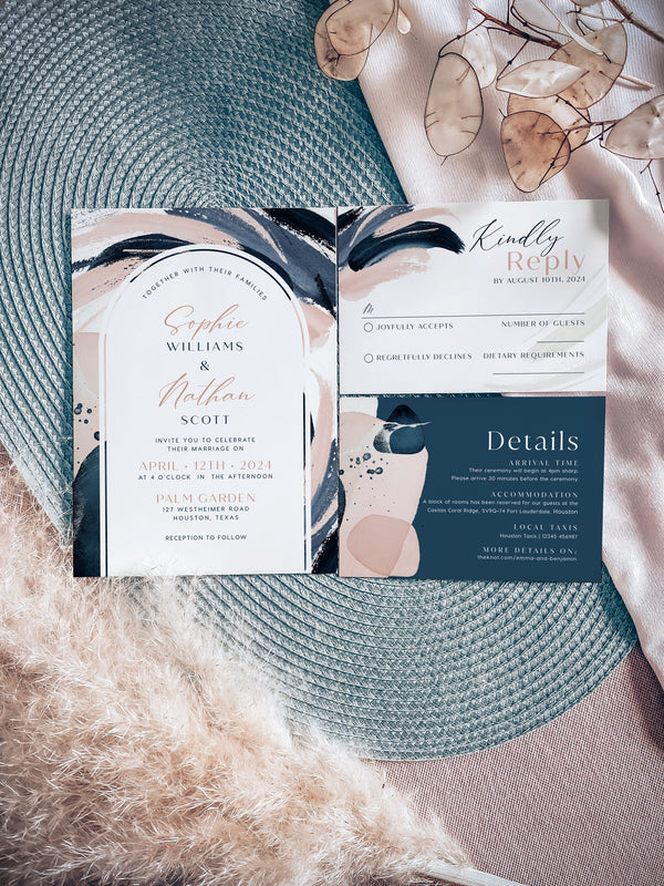 Navy and blush wedding invitation suite, Arch invitation template