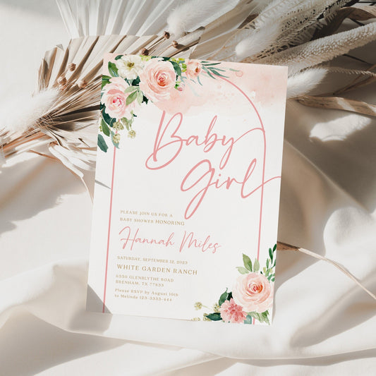 Baby Girl invitation, Pink Baby Shower Floral Invitation - LovelyTemplatesCo