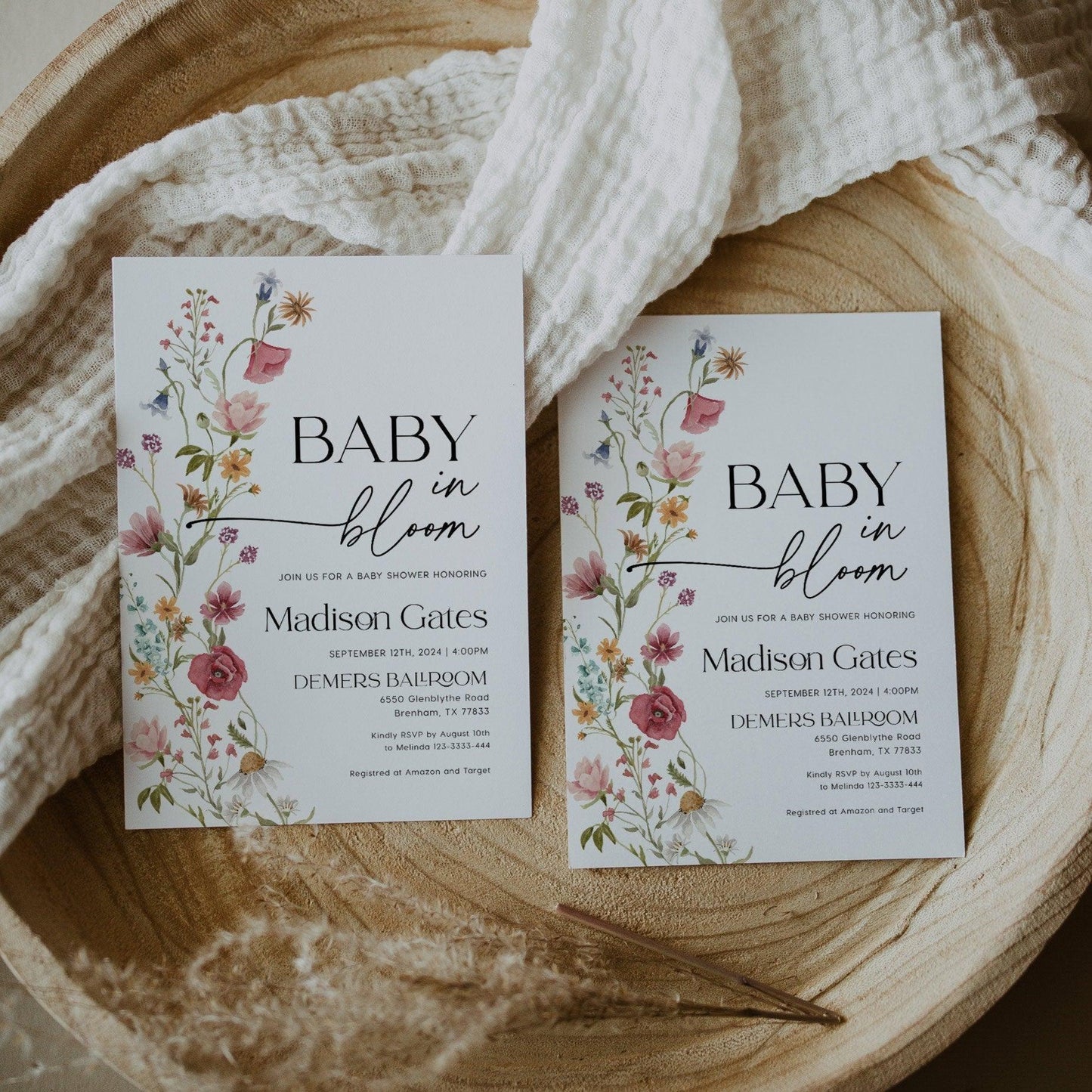 Baby In Bloom Invitation Set, Wildflower Baby shower - LovelyTemplatesCo