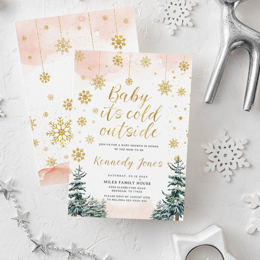 Baby It's Cold outside invitation, Winter Pink and Gold invitation template - LovelyTemplatesCo
