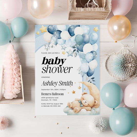 Baby Shower Invitation with bear, Boy baby shower invitation, Bear with balloons baby shower - LovelyTemplatesCo