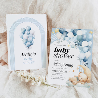 Baby Shower Invitation with bear, Boy baby shower invitation, Bear with balloons baby shower - LovelyTemplatesCo