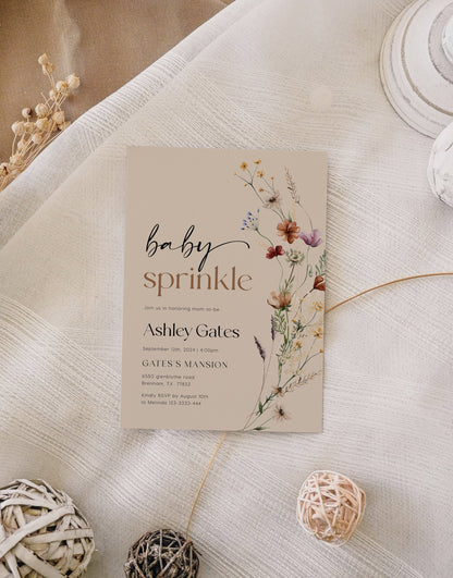 Baby Sprinkle Invitation | Wildflower Invitation | Beige Invitation Template - LovelyTemplatesCo
