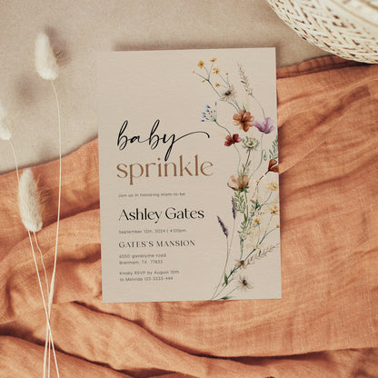 Baby Sprinkle Invitation | Wildflower Invitation | Beige Invitation Template - LovelyTemplatesCo