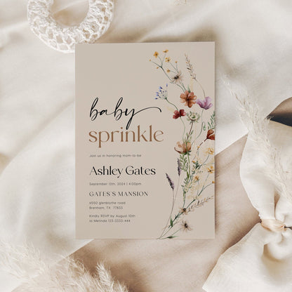 Baby Sprinkle Invitation | Wildflower Invitation | Beige Invitation Template - LovelyTemplatesCo