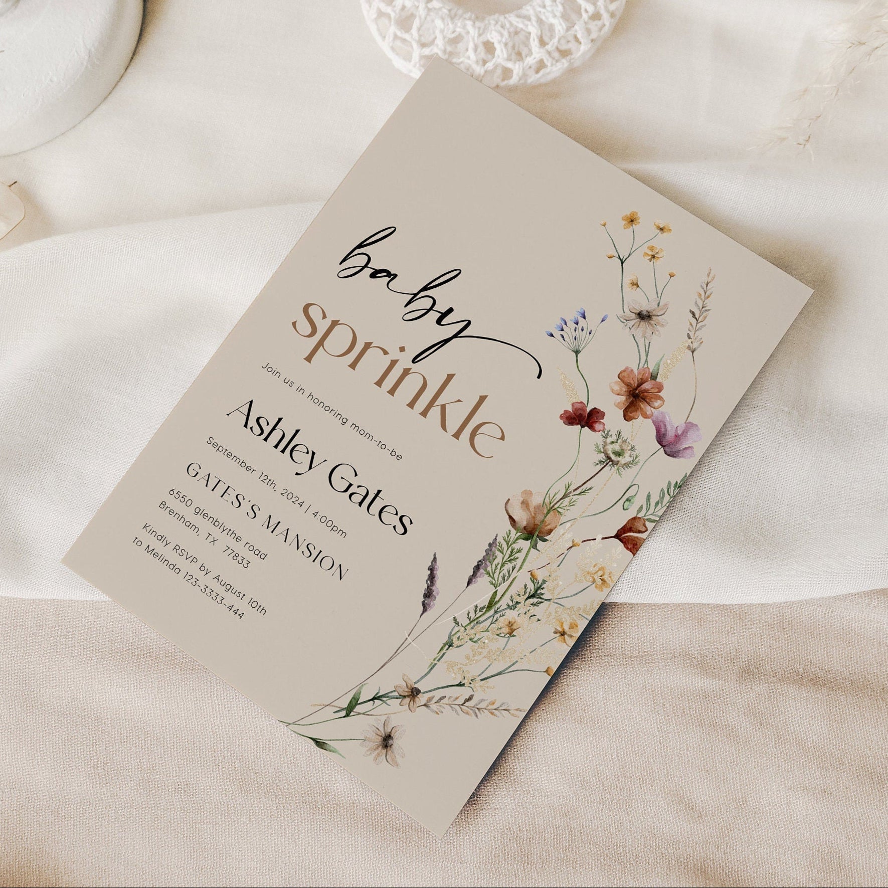 Baby Sprinkle Invitation | Wildflower Invitation | Beige Invitation Template - LovelyTemplatesCo
