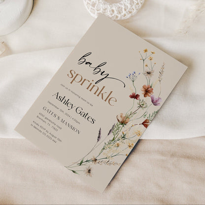 Baby Sprinkle Invitation | Wildflower Invitation | Beige Invitation Template - LovelyTemplatesCo