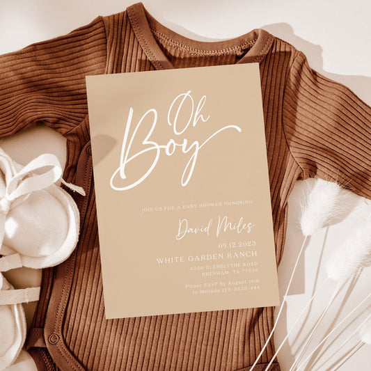 Beige Oh Boy Baby Shower Invitation - LovelyTemplatesCo