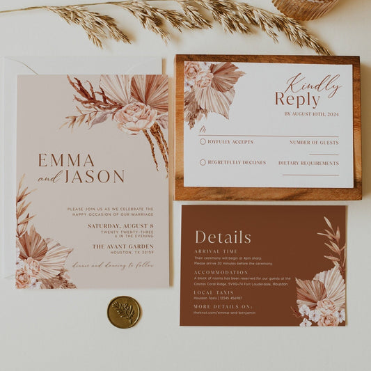 Beige Wedding invitation, Pampas wedding invitation - LovelyTemplatesCo