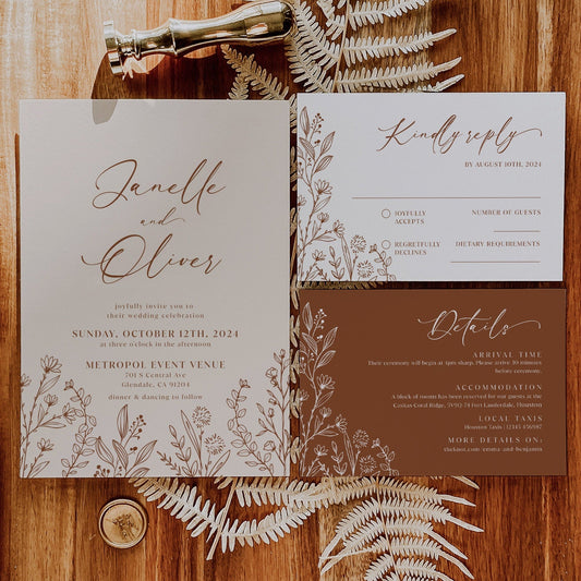 Beige wedding invitations, Earthy floral wedding invitation templates - LovelyTemplatesCo