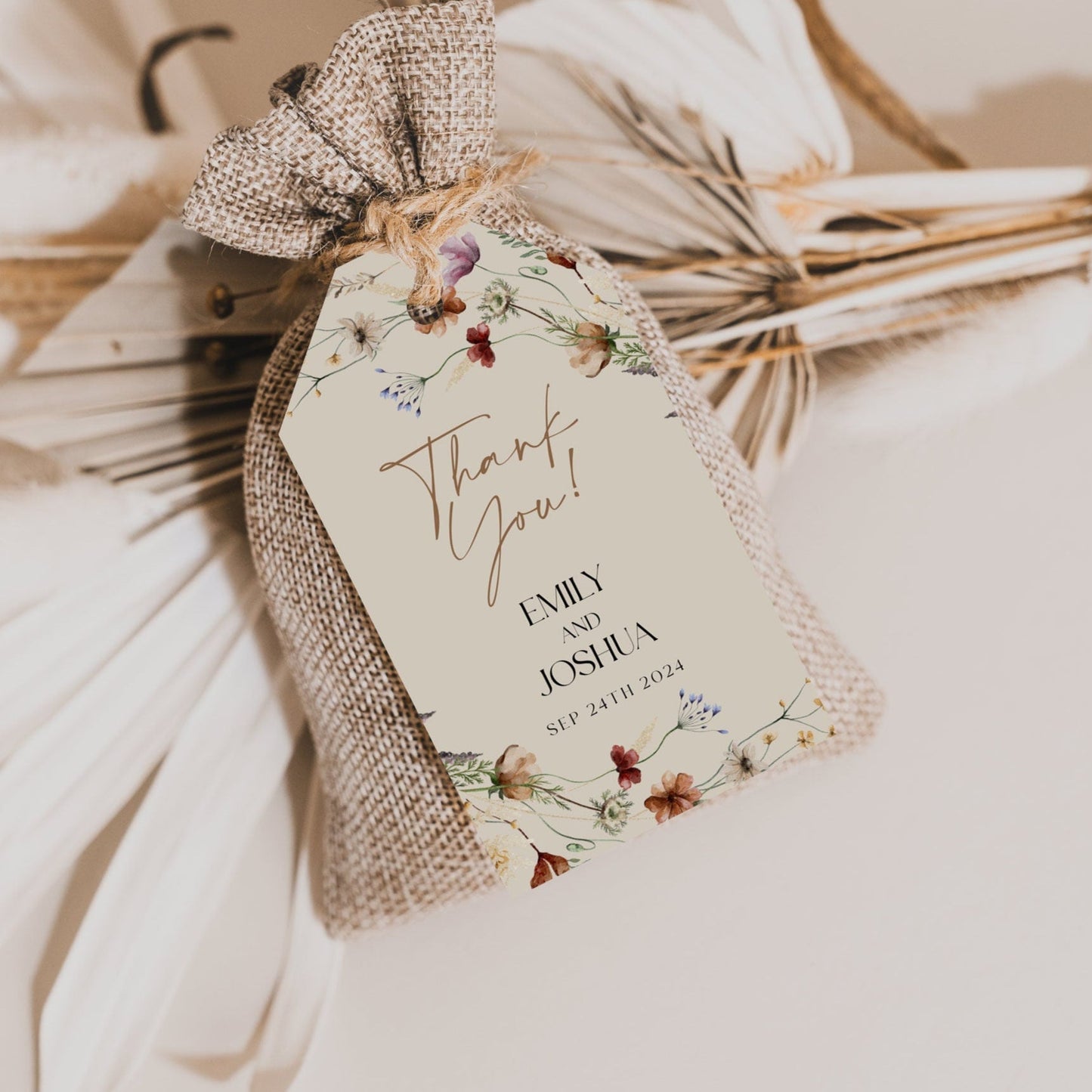 Beige Wildflower Gift and Favors tag, Beige gift tags, Boho Thank you tags template - LovelyTemplatesCo