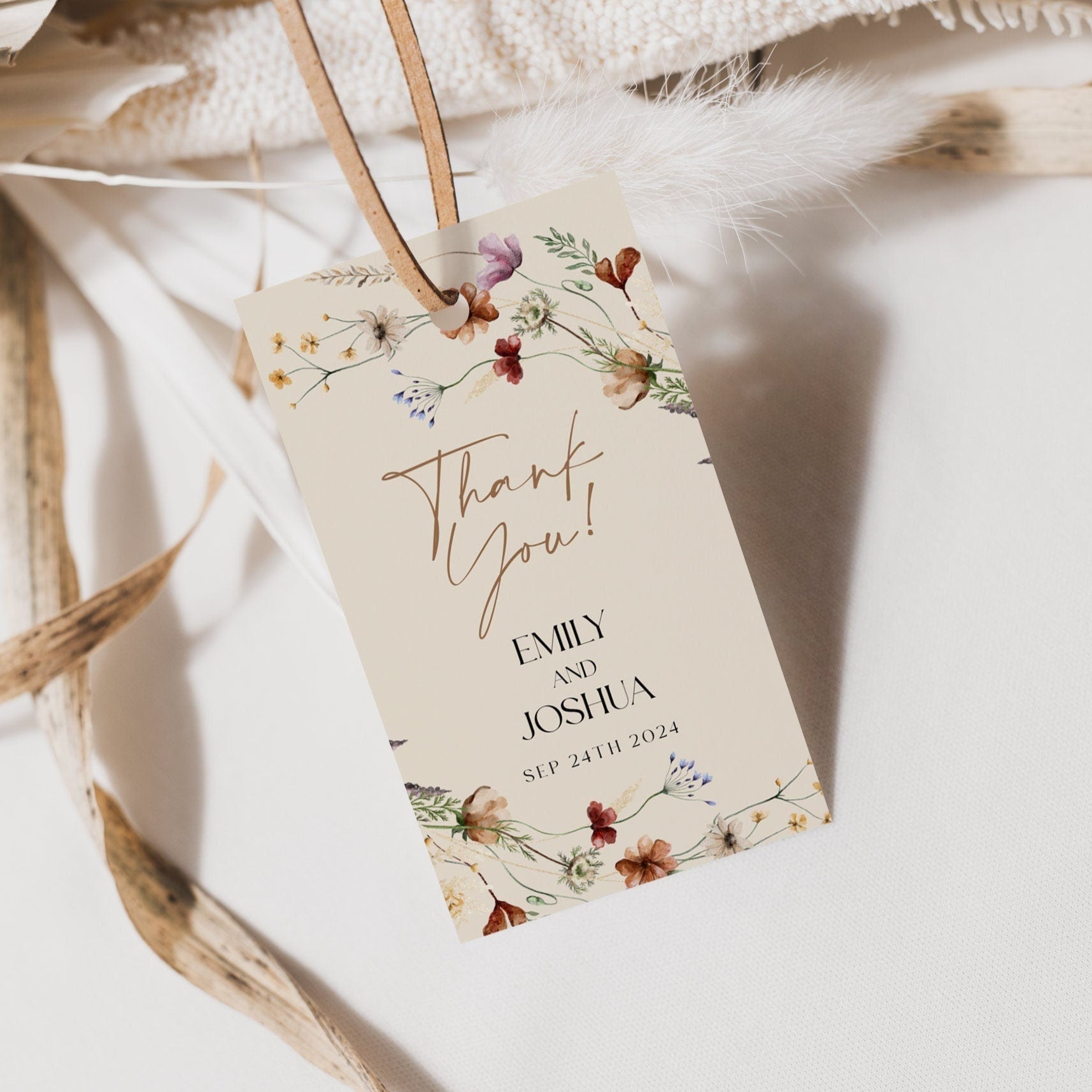 Beige Wildflower Gift and Favors tag, Beige gift tags, Boho Thank you tags template - LovelyTemplatesCo