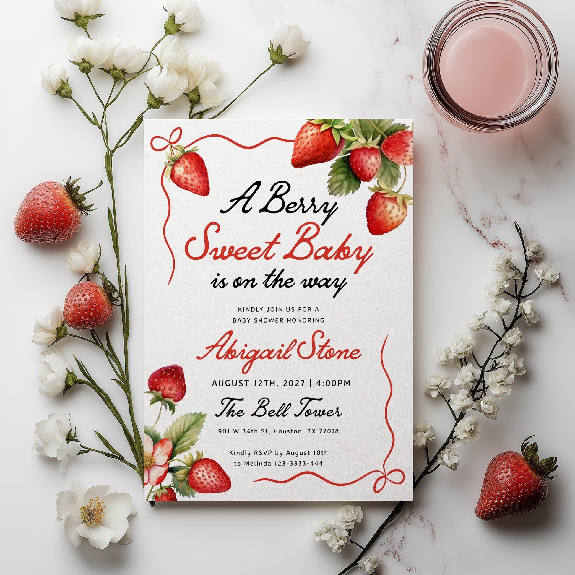 Berry Sweet Baby Is on the Way | Strawberry Baby Shower Invitation - LovelyTemplatesCo