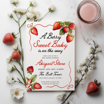 Berry Sweet Baby Is on the Way | Strawberry Baby Shower Invitation - LovelyTemplatesCo