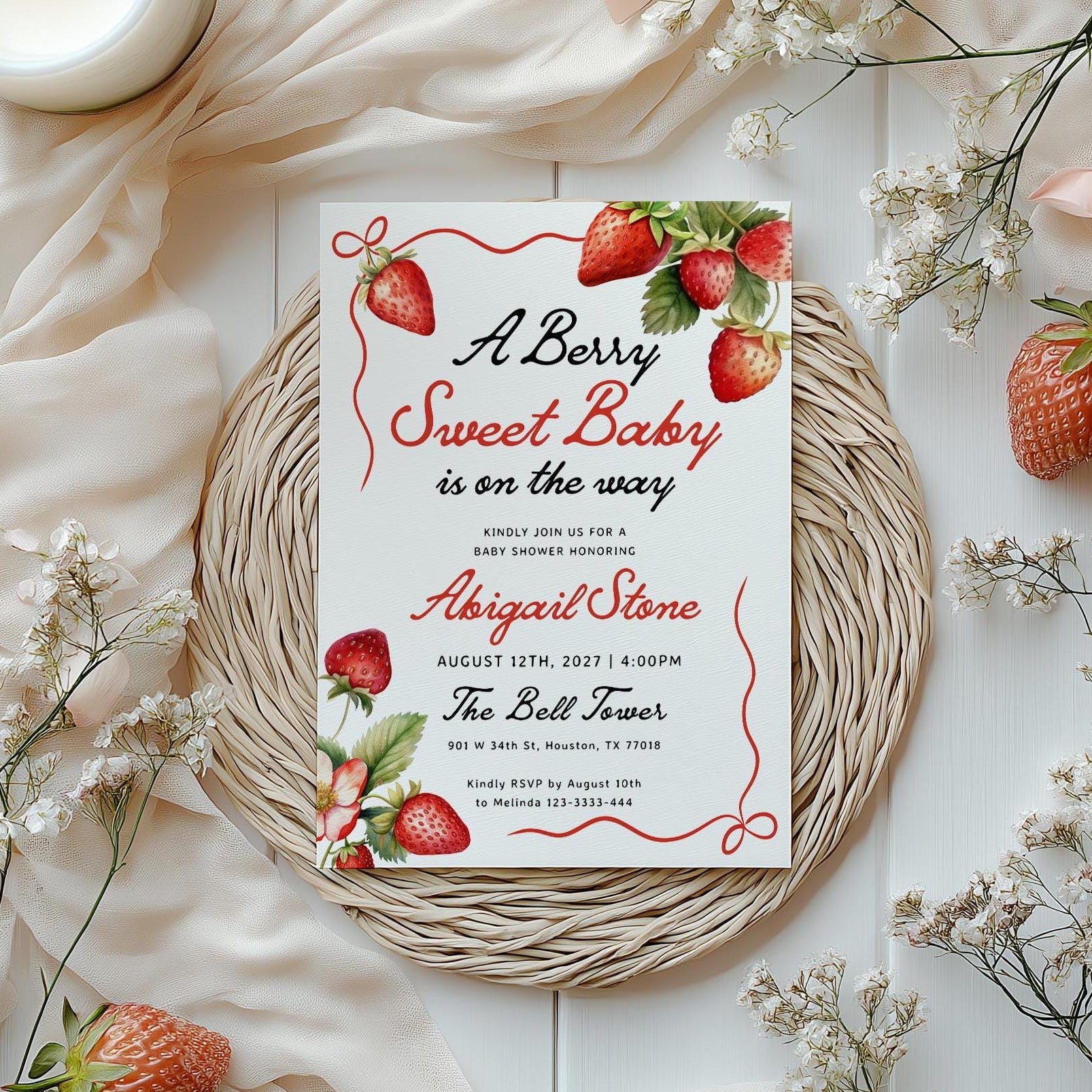 Berry Sweet Baby Is on the Way | Strawberry Baby Shower Invitation - LovelyTemplatesCo