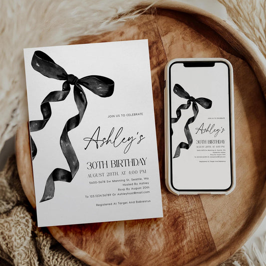 Birthday Invitation | 30th Birthday invitation with Black Bow | Customizable Thirty Birthday Invitation Template - LovelyTemplatesCo