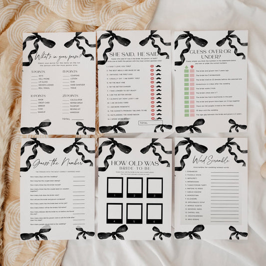 Black Bow Bridal Shower Games Bundle, 10 Minimalist Bridal Shower game card templates - LovelyTemplatesCo