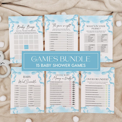 Blue Baby Shower Games Bundle, Minimalist Blue Bow Baby Shower Games cards, 15 games included - LovelyTemplatesCo