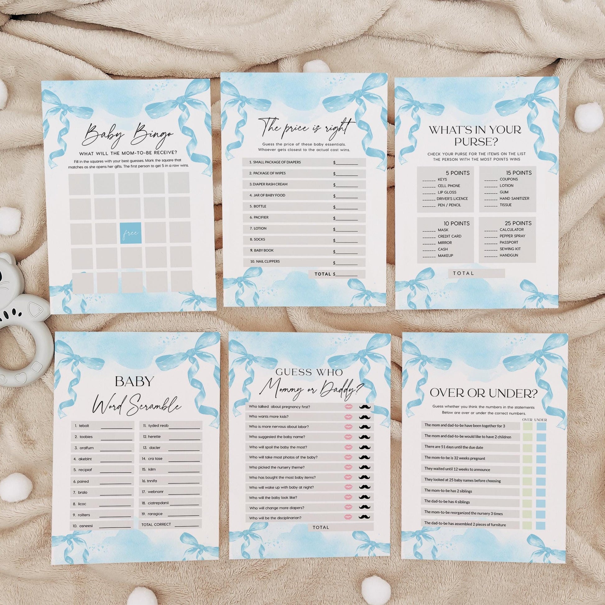 Blue Baby Shower Games Bundle, Minimalist Blue Bow Baby Shower Games cards, 15 games included - LovelyTemplatesCo