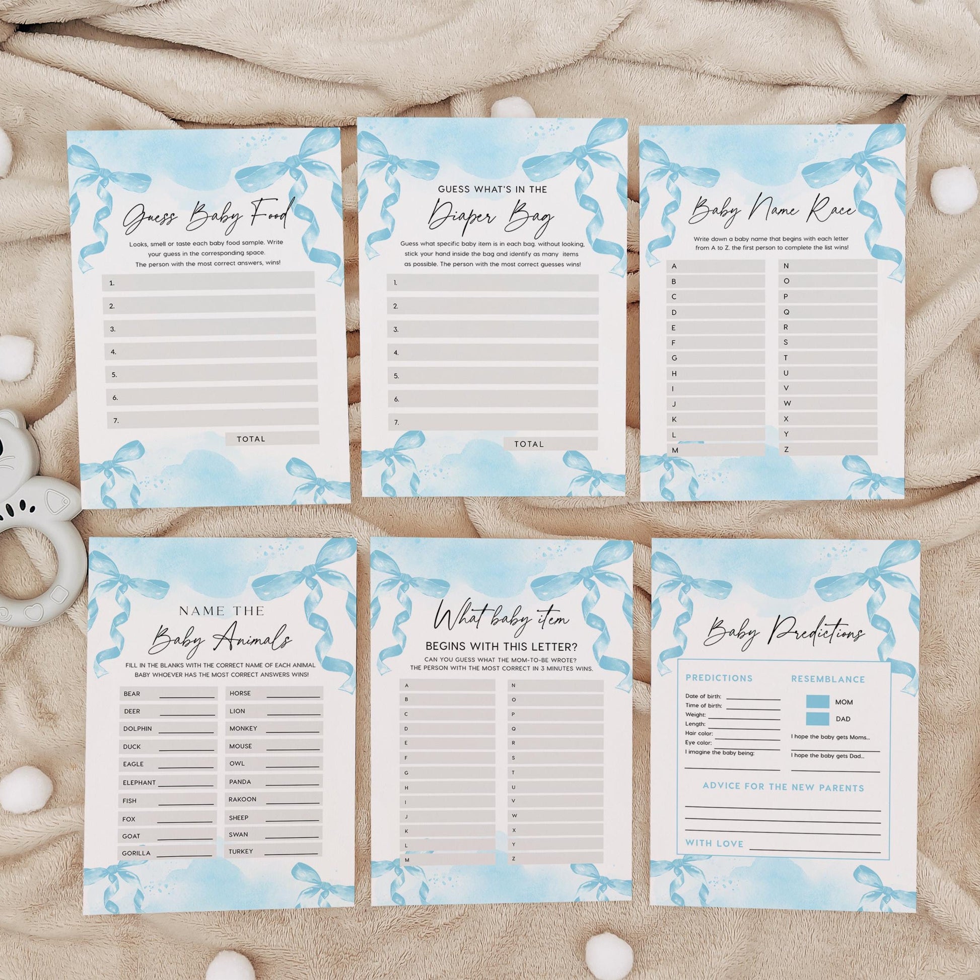 Blue Baby Shower Games Bundle, Minimalist Blue Bow Baby Shower Games cards, 15 games included - LovelyTemplatesCo