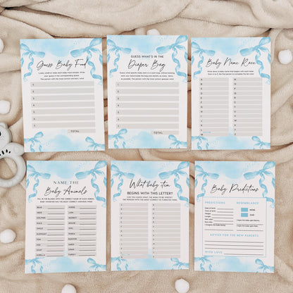 Blue Baby Shower Games Bundle, Minimalist Blue Bow Baby Shower Games cards, 15 games included - LovelyTemplatesCo