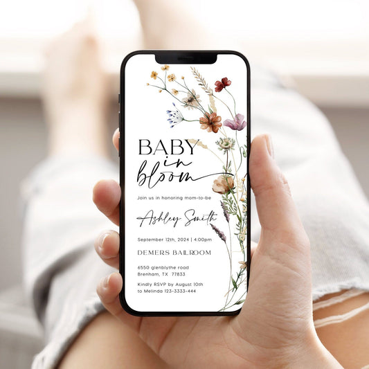 Boho Baby In Bloom Evite, Digital Invitation, Baby shower e - invitation - LovelyTemplatesCo