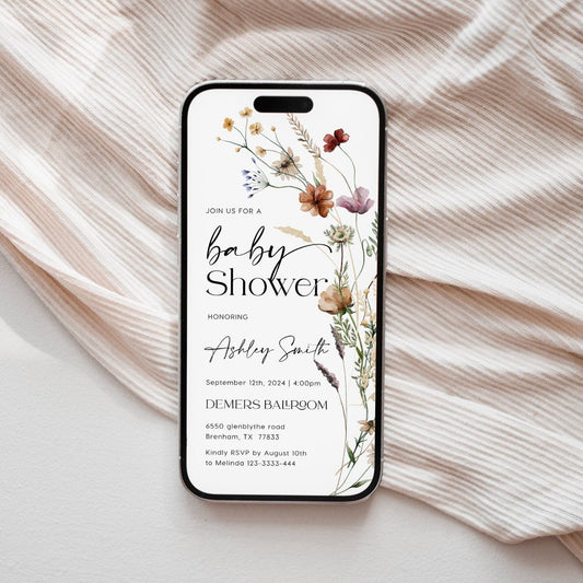 Boho Baby Shower E - vite, Digital Invitation, Baby shower e - invitation, Baby shower wildflower invitation - LovelyTemplatesCo