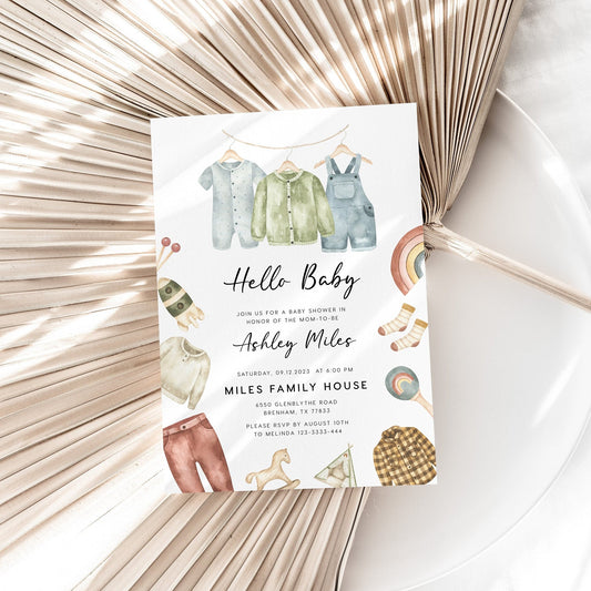 Boho Baby shower Invitation, Baby Clothes Invitation - LovelyTemplatesCo