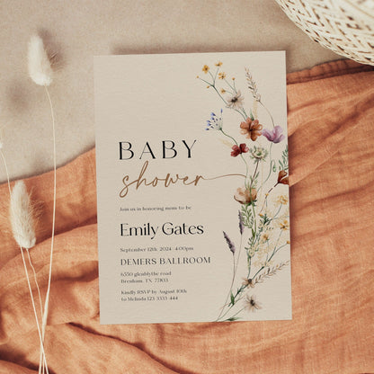 Boho Baby Shower Invitation | Beige Invitation Template | Wildflower Baby Shower Stationery - LovelyTemplatesCo