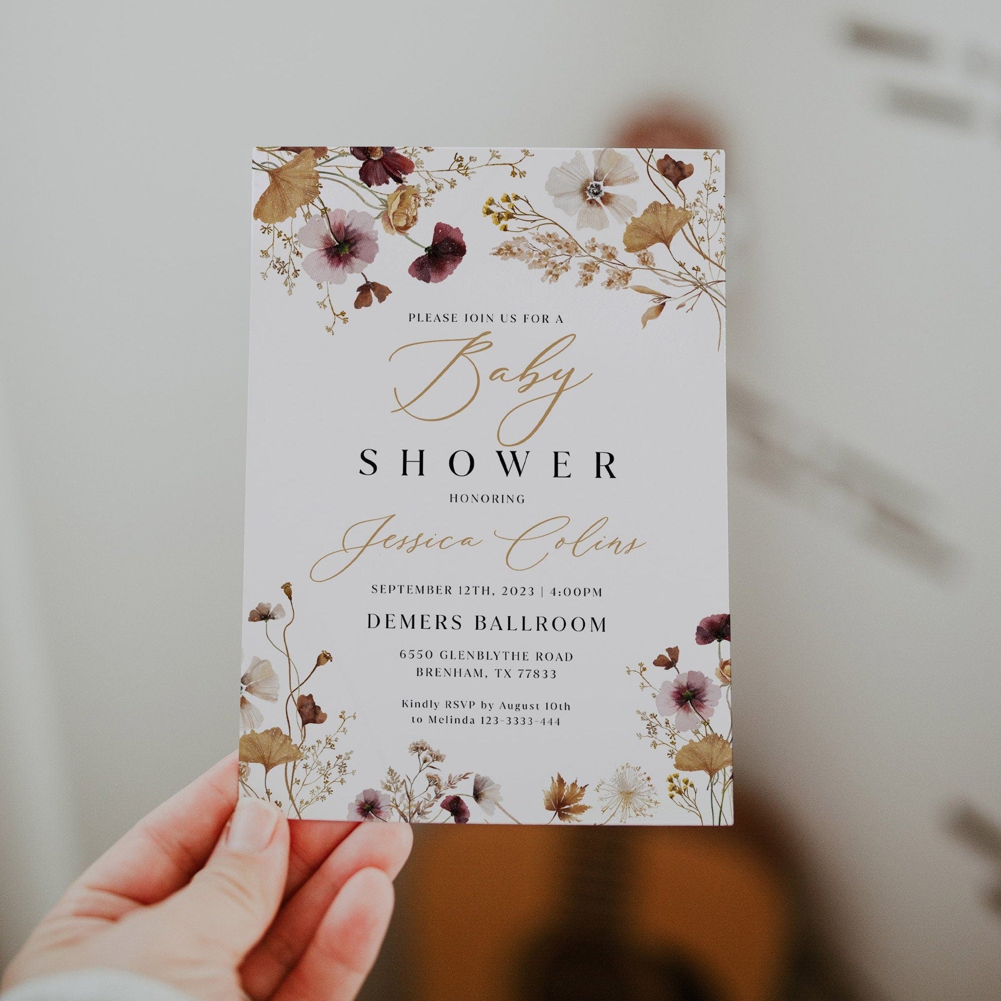 Boho Baby Shower invitation template, Floral Wildflower Baby Shower invitation - LovelyTemplatesCo