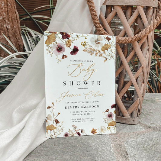 Boho Baby Shower invitation template, Floral Wildflower Baby Shower invitation - LovelyTemplatesCo