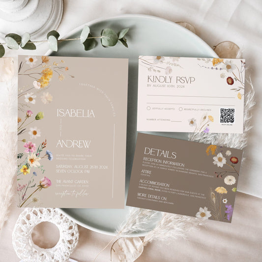 Boho Beige Floral Wedding Invitation set - LovelyTemplatesCo