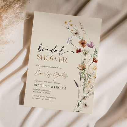 Boho Bridal Shower Invitation, Beige Wildflower Bridal Shower Invitation - LovelyTemplatesCo