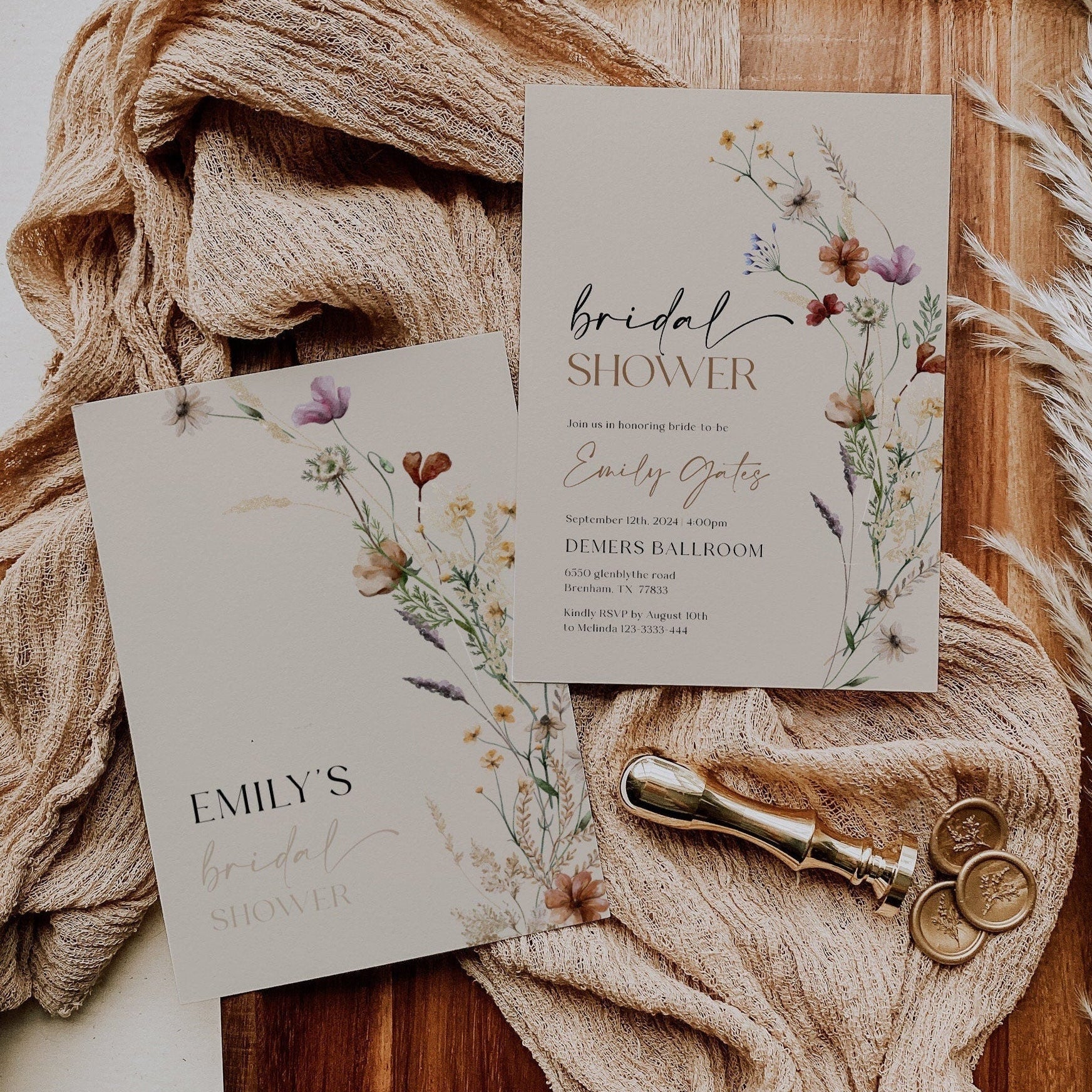 Boho Bridal Shower Invitation, Beige Wildflower Bridal Shower Invitation - LovelyTemplatesCo