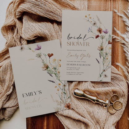 Boho Bridal Shower Invitation, Beige Wildflower Bridal Shower Invitation - LovelyTemplatesCo