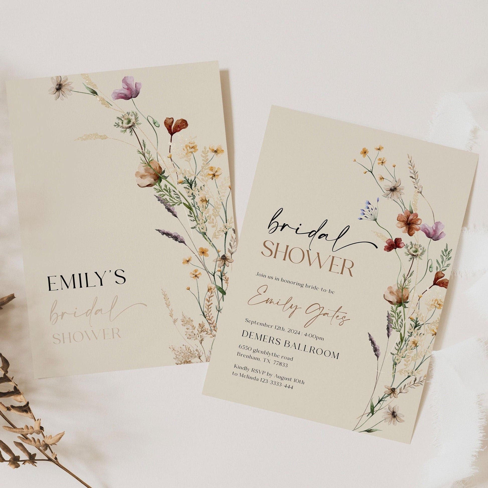 Boho Bridal Shower Invitation, Beige Wildflower Bridal Shower Invitation - LovelyTemplatesCo