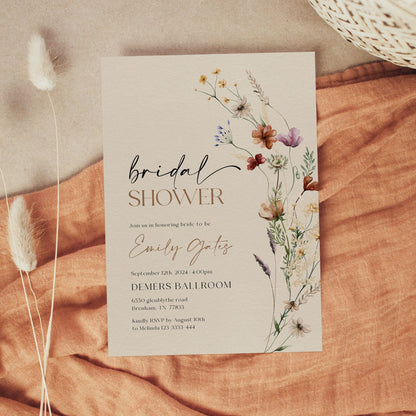 Boho Bridal Shower Invitation, Beige Wildflower Bridal Shower Invitation - LovelyTemplatesCo
