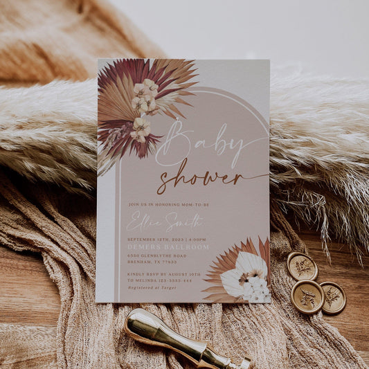 Boho Chic Baby Shower invitation, Baby shower invitation template, Boho beige baby shower - LovelyTemplatesCo