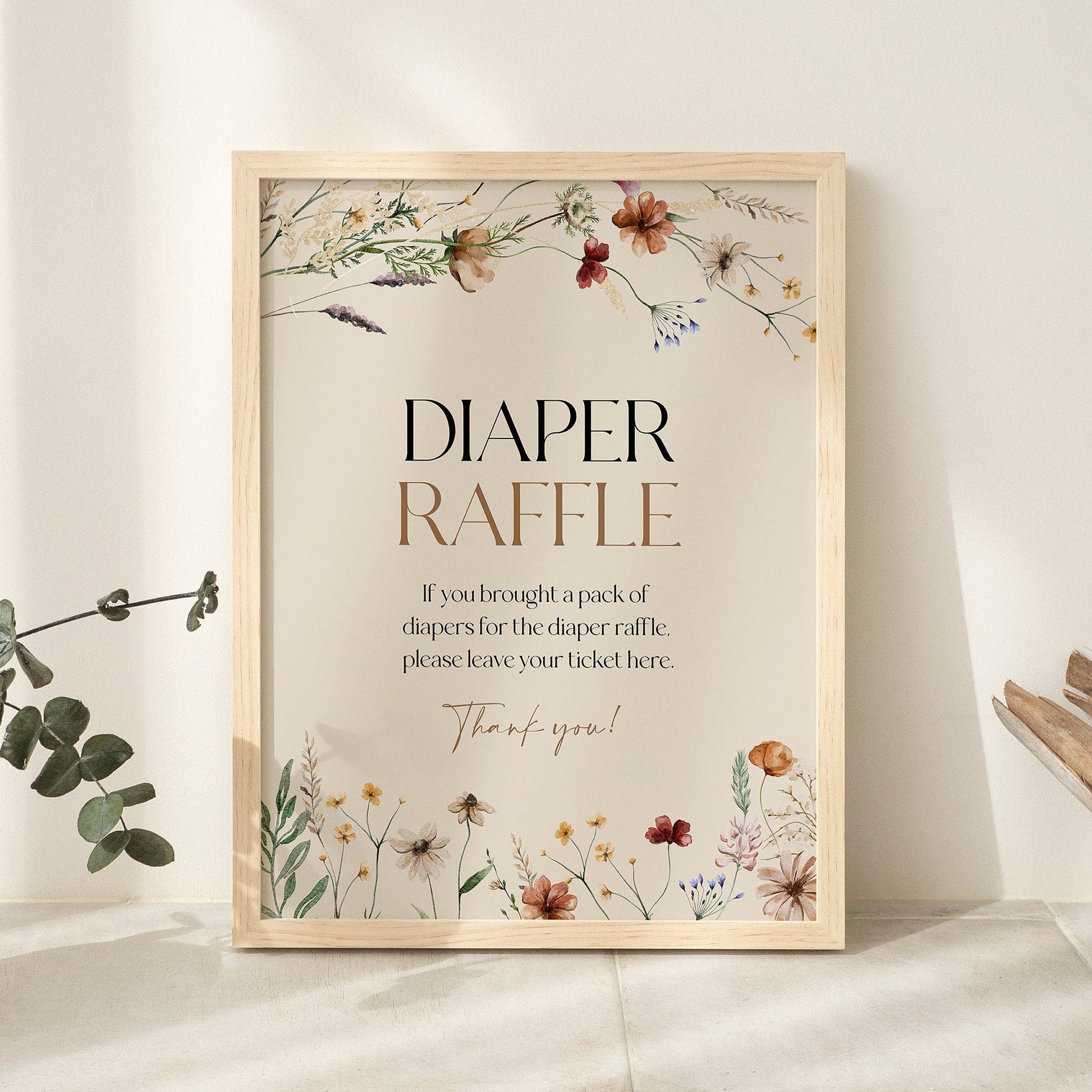 Boho Floral Diaper Raffle sign, Baby Shower Diaper Raffle sign - LovelyTemplatesCo