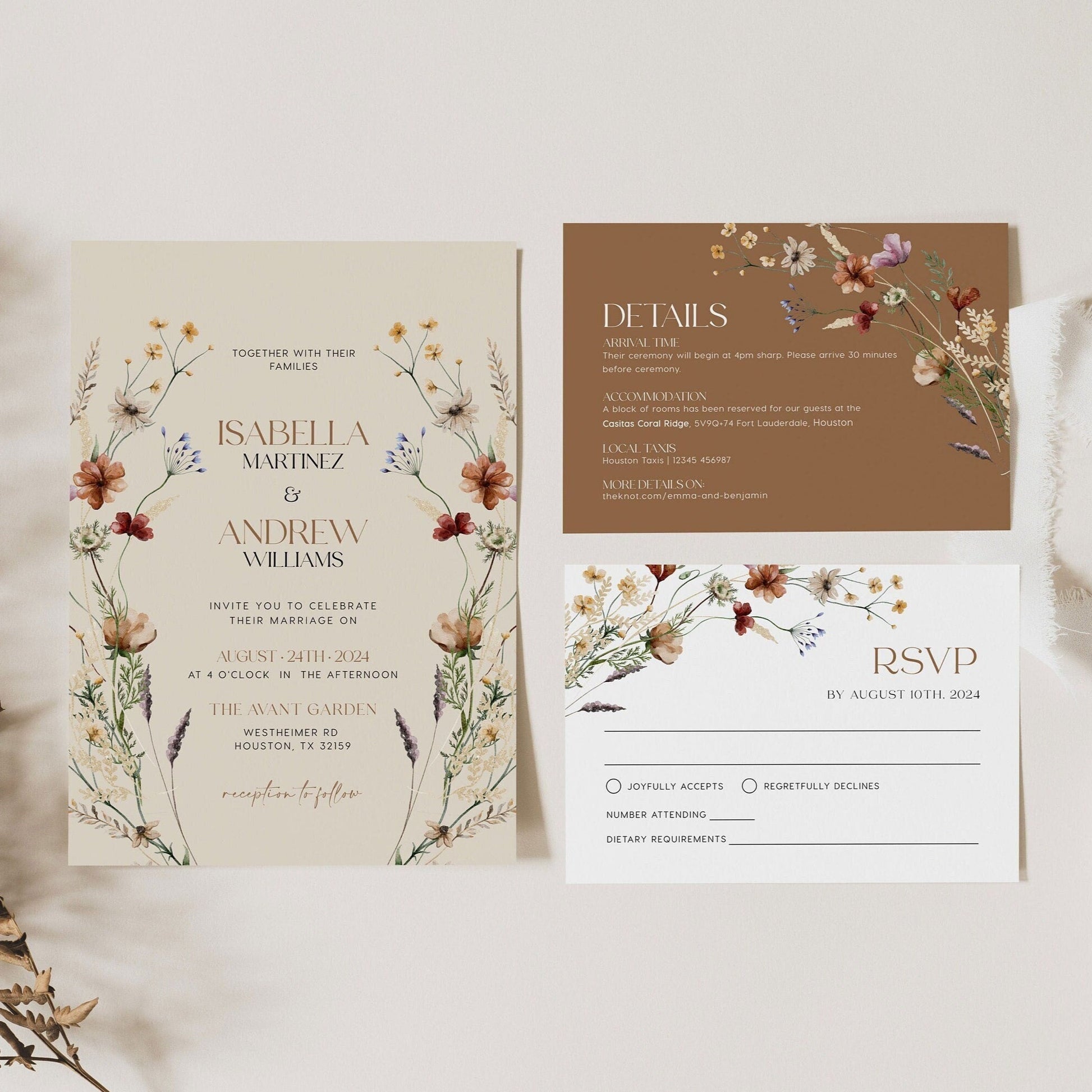 Boho Invitation set, Beige and Terracotta Wedding Invitation, Floral wedding Invitation set - LovelyTemplatesCo