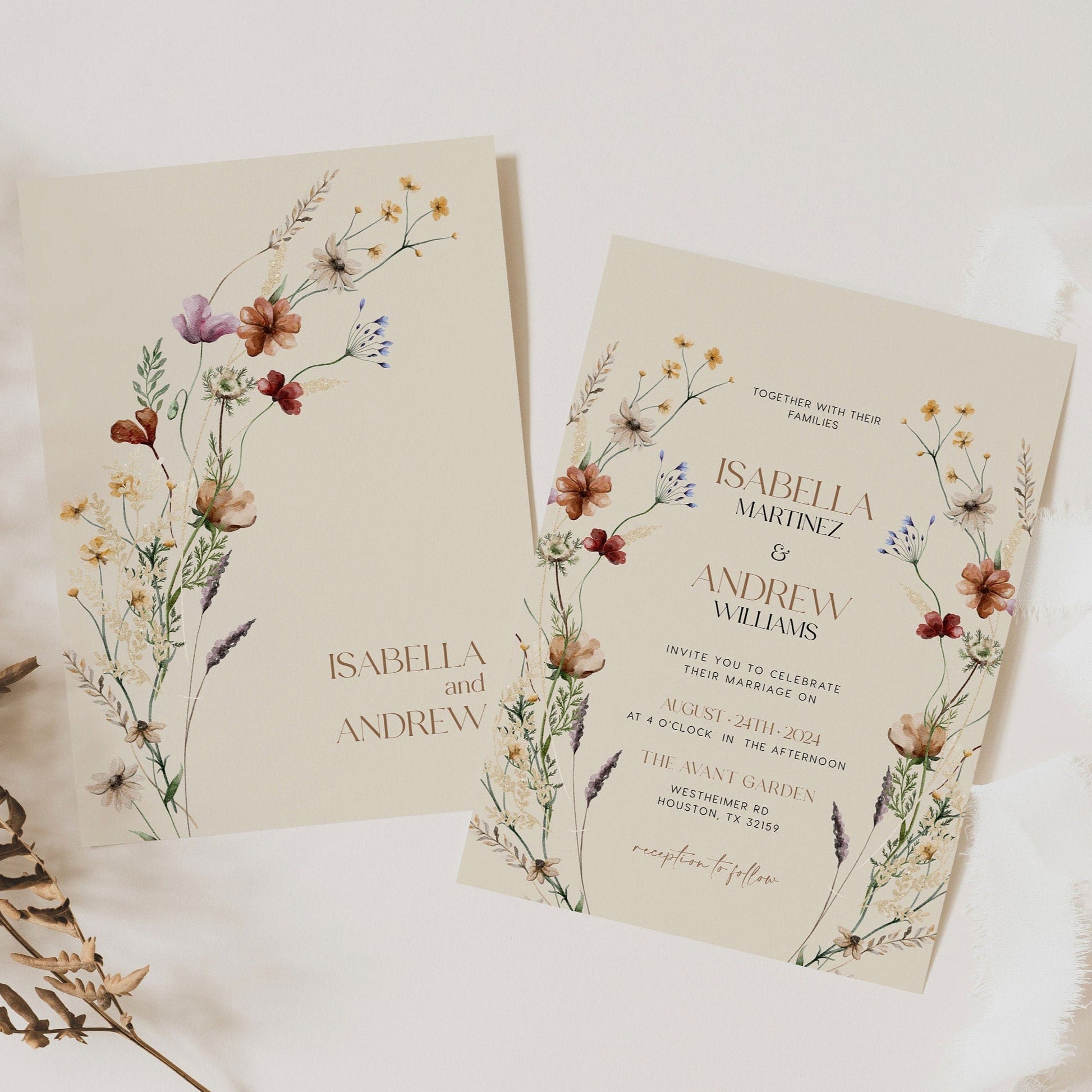 Boho Invitation set, Beige and Terracotta Wedding Invitation, Floral wedding Invitation set - LovelyTemplatesCo
