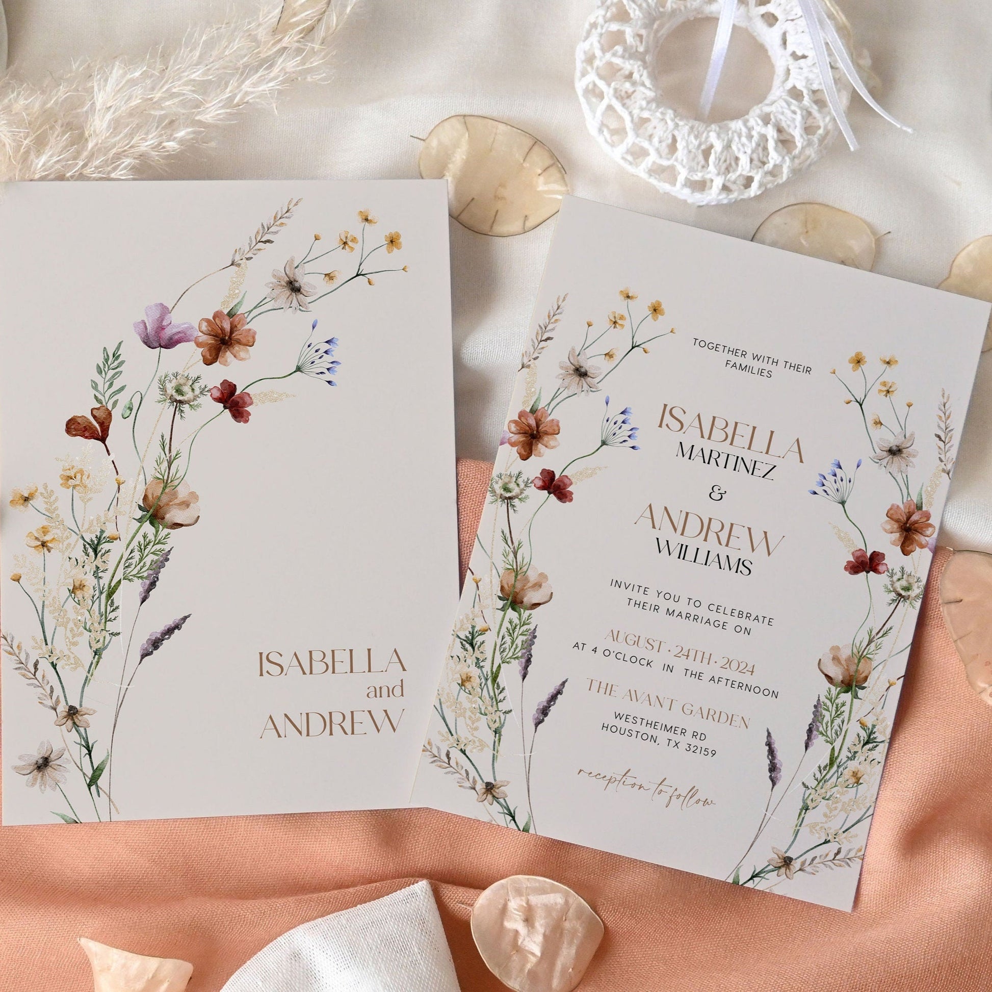 Boho Invitation set, Beige and Terracotta Wedding Invitation, Floral wedding Invitation set - LovelyTemplatesCo