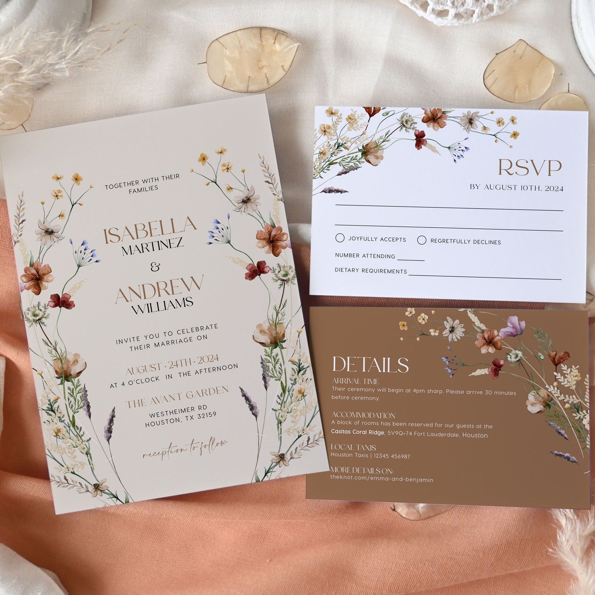 Boho Invitation set, Beige and Terracotta Wedding Invitation, Floral wedding Invitation set - LovelyTemplatesCo