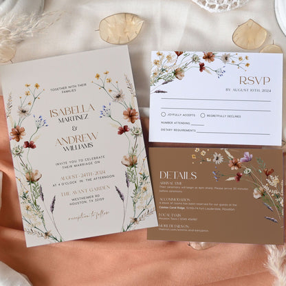 Boho Invitation set, Beige and Terracotta Wedding Invitation, Floral wedding Invitation set - LovelyTemplatesCo
