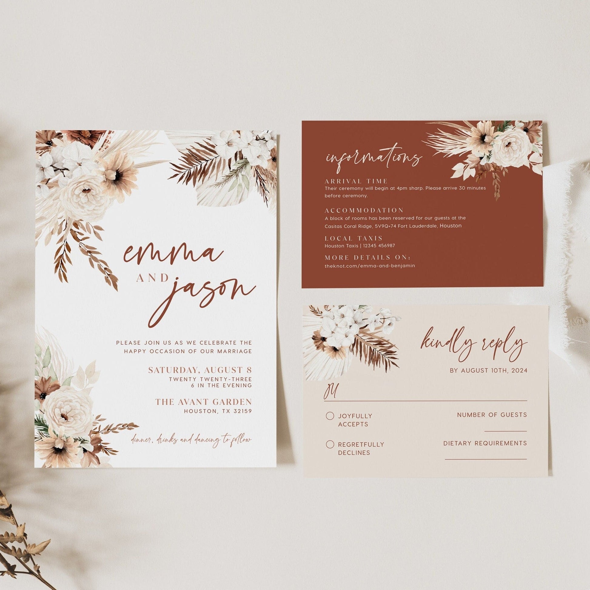 Boho Terracotta Invitation, Wedding invitation pampas, Terracotta wedding invitation, Boho Wedding invitation template - LovelyTemplatesCo
