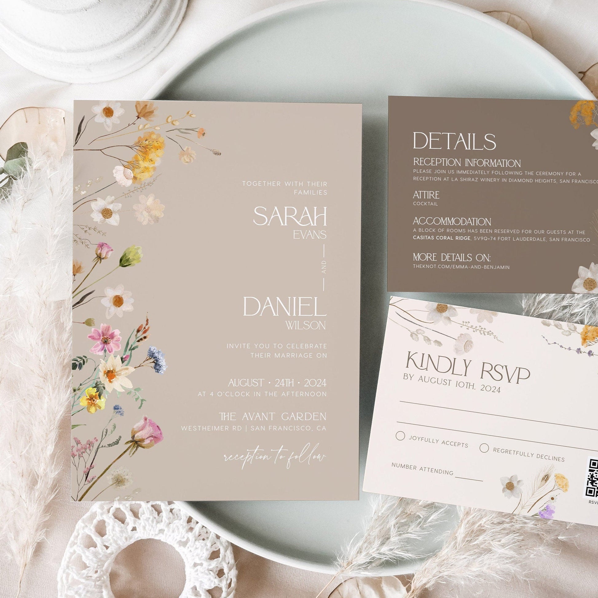 Boho Wedding Invitation, Wildflower Wedding Invitation, Floral Wedding Invitation - LovelyTemplatesCo
