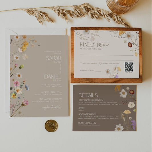 Boho Wedding Invitation, Wildflower Wedding Invitation, Floral Wedding Invitation - LovelyTemplatesCo